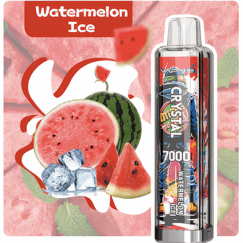 Watermelon Ice vape packaging featuring a colorful disposable vape device and imagery of watermelon slices, ice cubes, and a mint leaf.