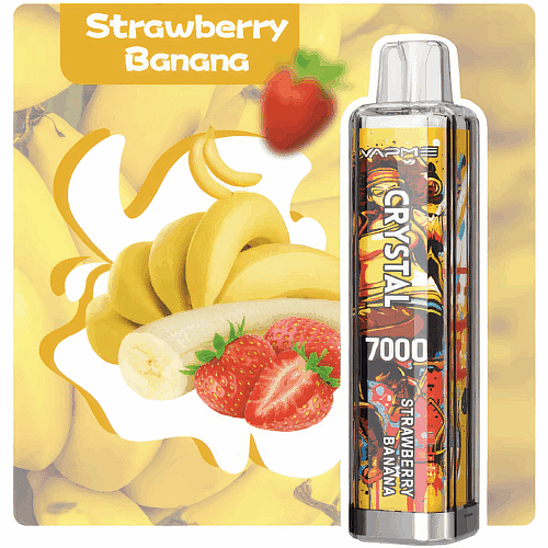 "Strawberry Banana" vape pen with a colorful design, featuring images of fresh strawberries and bananas on the packaging, labeled "CRYSTAL 7000."