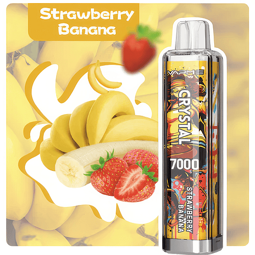 "Strawberry Banana" vape pen with a colorful design, featuring images of fresh strawberries and bananas on the packaging, labeled "CRYSTAL 7000."