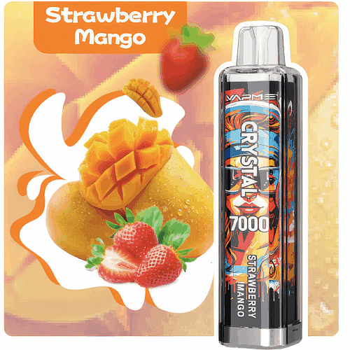 A vape device labeled "Crystal 7000" with a colorful design next to images of a sliced mango and strawberries, with text reading "Strawberry Mango."