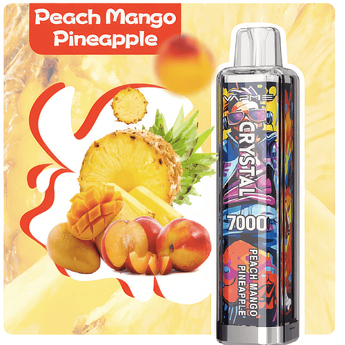 A vape device labeled "CRYSTAL 7000" with a colorful design, next to images of peach, mango, and pineapple fruits, with the text "Peach Mango Pineapple" in the background.