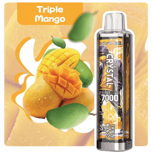 Vape device labeled "Triple Mango" with an image of three mangoes in different stages of ripeness.
