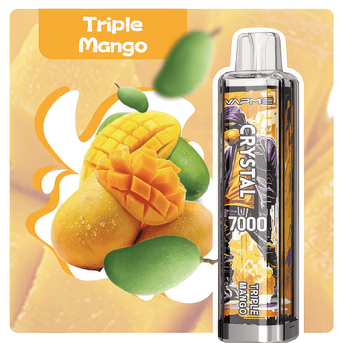 Vape device labeled "Triple Mango" with an image of three mangoes in different stages of ripeness.