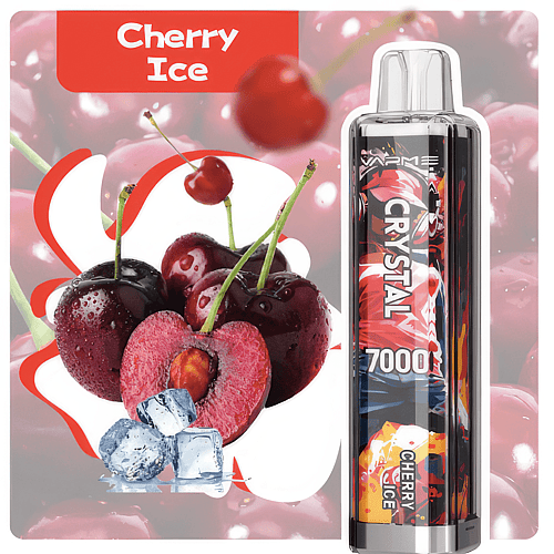 A vaping device labeled "Cherry Ice 7000" with an image of fresh cherries, a halved cherry, and ice cubes in the background.
