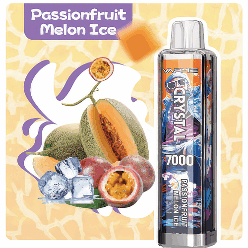 Vape device labeled "Passionfruit Melon Ice" with images of sliced cantaloupe, passionfruit, and ice cubes in the background.
