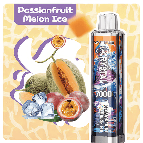 Vape device labeled "Passionfruit Melon Ice" with images of sliced cantaloupe, passionfruit, and ice cubes in the background.