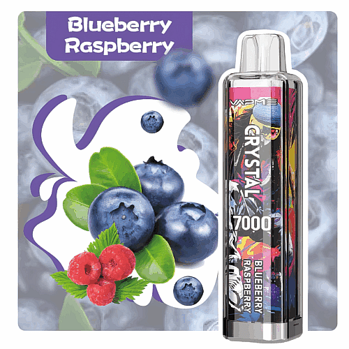 Vaporizador desechable con sabor a arándano y frambuesa con 7000 bocanadas, que presenta gráficos coloridos e imágenes de frutas.