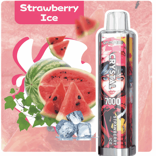 Vape device labeled "Strawberry Ice" with ice cubes and watermelon slices in the background.