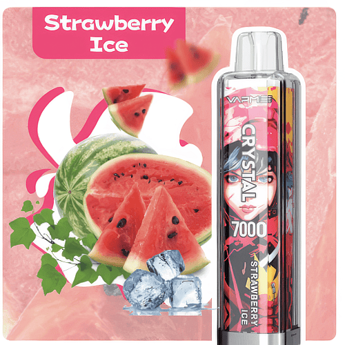 Vape device labeled "Strawberry Ice" with ice cubes and watermelon slices in the background.