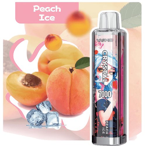 A vape device labeled "Crystal 7000" with a "Peach Ice" flavor, displayed alongside fresh peaches and ice cubes in the background.