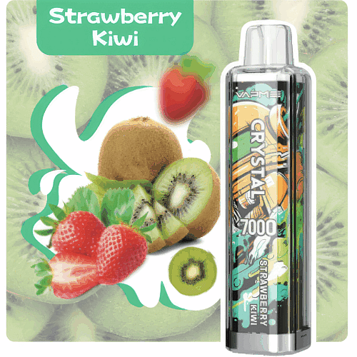 Product packaging for a strawberry kiwi flavored vape with an image of sliced kiwi and strawberries, surrounded by green and white design elements.