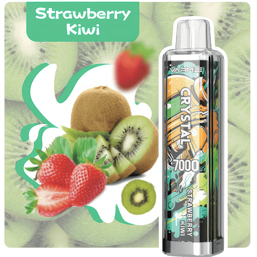 Product packaging for a strawberry kiwi flavored vape with an image of sliced kiwi and strawberries, surrounded by green and white design elements.