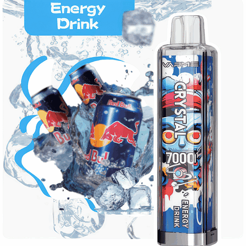 A vape device labeled "Crystal 7000" with an energy drink flavor next to splashing cans of Red Bull and ice cubes.