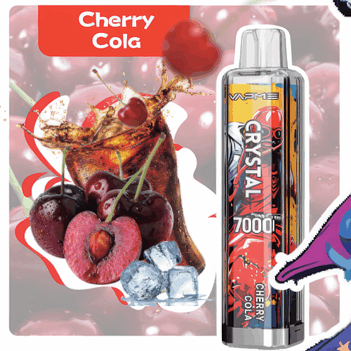 A vape product labeled "Cherry Cola" with an image of cherries, a glass of cola, and ice cubes in the background.