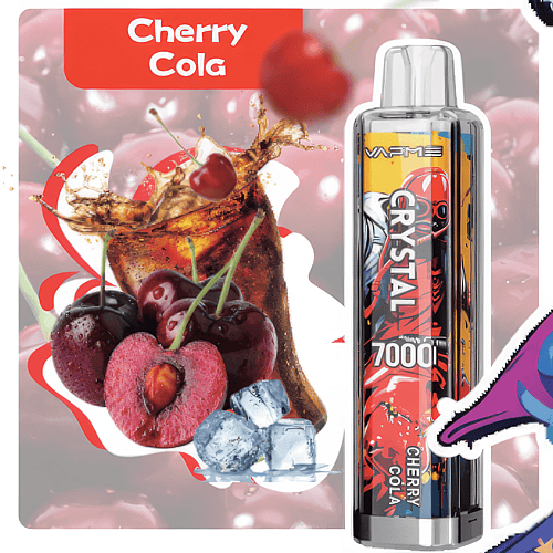 A vape product labeled "Cherry Cola" with an image of cherries, a glass of cola, and ice cubes in the background.