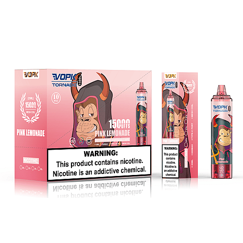 Design della confezione per il vaporizzatore monouso VOPK Tornado da 15000 puff raffigurante un toro dei cartoni animati, aroma "Pink Lemonade", 25 ml, con etichetta di avvertenza sulla nicotina che recita: "Questo prodotto contiene nicotina. La nicotina è una sostanza chimica che crea dipendenza".