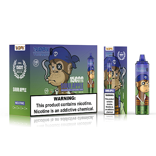 Confezione per uno svapo usa e getta "VOPK Tornado" al gusto Sour Apple, raffigurante una scimmia pirata dei cartoni animati, 15.000 boccate e un'etichetta di avvertenza sulla nicotina.