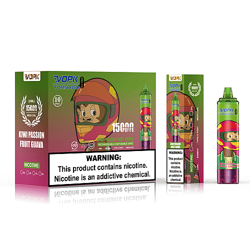 Confezione e penna per svapo usa e getta raffigurante una scimmia con un casco, etichettata "15000 boccate" e aroma "Kiwi Passion Fruit Guava" con avvertenza sulla nicotina.