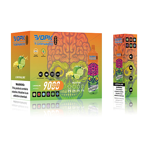 Design della confezione per lo svapo VOPK Tornado, caratterizzato da un aroma di limone/lime, con illustrazioni di colori vivaci e vorticosi e volti mostruosi, che mostrano le opzioni per 90 boccate e varie gradazioni di nicotina.