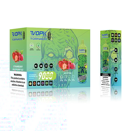 Confezione per svapo con la scritta "VOPK Tornado 9000" con un design zombie verde, aroma "Strawberry Raspberry Ice", livelli di nicotina da 0% a 5% e 9000 tiri. Include luce RGB, batteria ricaricabile e avviso di nicotina.