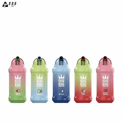 Fünf farbenfrohe Vape-Geräte mit der Aufschrift „Bang King“, jedes mit einem einzigartigen Geschmacksdesign, darunter Abbildungen von Wassermelone, Minze, gemischtem Fruchteis, Regenbogensorbet und Erdbeerwassermelone.