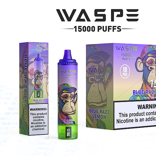 "WASPE 15000 boccate al gusto Blue Razz Lemon con una colorata scimmietta dei cartoni animati sulla confezione, inclusa un'avvertenza sulla dipendenza da nicotina."