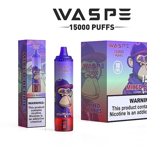 Una confezione di dispositivo per svapo "WASPE" che mostra 15000 boccate con aroma di frutti di bosco misti, raffigurante una scimmia stilizzata con occhiali da sole e un cappello. Etichette di avvertimento sulla dipendenza da nicotina sono visibili sulla scatola e sullo svapo.