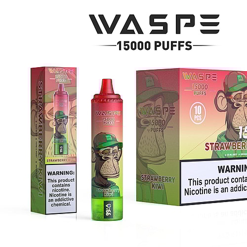 Design del packaging per WASPE vape con 15.000 tiri al gusto fragola e kiwi, raffigurante una scimmia dei cartoni animati che indossa un cappello verde e una felpa con cappuccio. Il packaging include un dispositivo per svapare, una scatola con 10 pezzi e un avviso sanitario sulla dipendenza da nicotina.