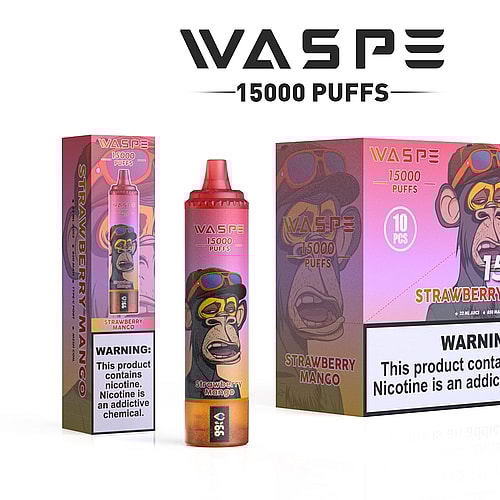 Packaging e design del prodotto di un dispositivo per svapare marchiato "WASPE" con 15.000 boccate, aroma fragola e mango, con l'illustrazione di una scimmia che indossa occhiali da sole. L'etichetta di avvertenza che indica il contenuto di nicotina e la sua natura addictive è ben visibile.