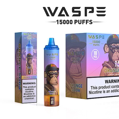 Immagine di uno svapo monouso WASPE da 15000 puff con aroma "Orange Soda", raffigurante una scimmia dei cartoni animati con occhiali e cappello sulla confezione. L'etichetta di avvertenza indica il contenuto di nicotina.