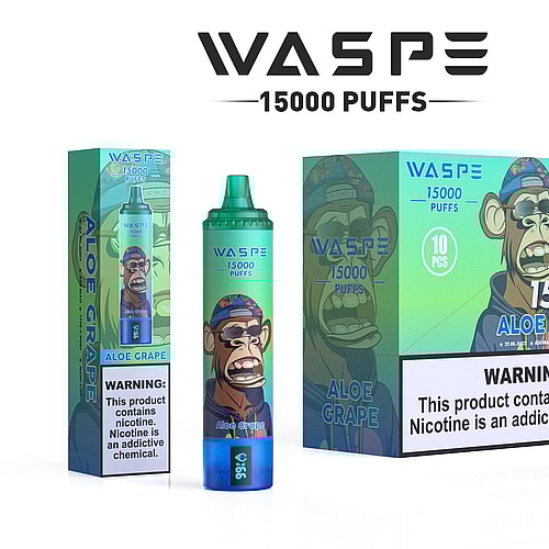 Una confezione per un prodotto da svapo con il marchio "WASPE" raffigurante una scimmia stilizzata, le scritte "Aloe Grape" e "15000 Puffs", accompagnate da un'avvertenza sulla dipendenza da nicotina.