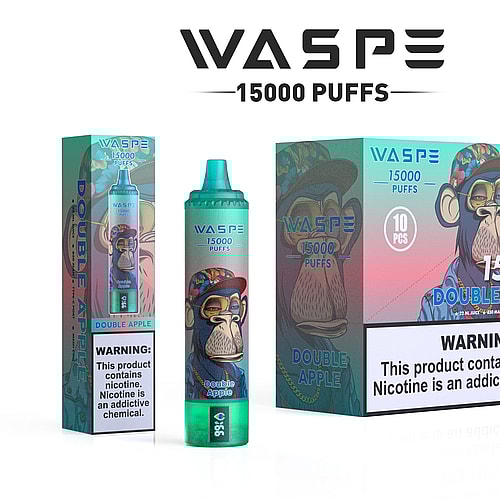 WASPE 15000 Puffs vape monouso con aroma Double Apple, caratterizzato da una confezione colorata con una scimmia illustrata che indossa occhiali da sole e un berretto. La confezione include un'etichetta di avvertenza sulla nicotina.