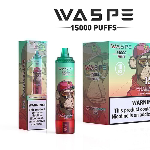 Un prodotto per svapare con il marchio "WASPE 15000 PUFFS", caratterizzato dal sapore di ghiaccio all'anguria e da una scimmia dei cartoni animati che indossa una felpa con cappuccio rossa e un berretto sulla confezione. La scatola ha un'etichetta di avvertenza sulla nicotina che afferma: "Questo prodotto contiene nicotina. La nicotina è una sostanza chimica che crea dipendenza".