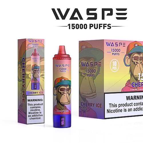 "Confezione dello svapo WASPE Cherry Ice che mostra un dispositivo da 15.000 boccate con una scimmia dei cartoni animati che indossa un berretto colorato, insieme ad avvertenze sulla dipendenza da nicotina."