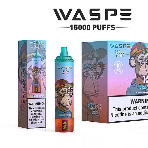 Una confezione di un prodotto per svapare WASPE con un aroma "Peach Ice", raffigurante un personaggio dei cartoni animati che indossa un cappello e occhiali da sole, un testo che indica "15.000 boccate" e un'etichetta di avvertenza sulla nicotina.