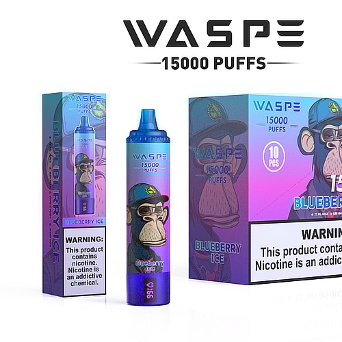 Sigaretta elettronica usa e getta WASPE Blueberry Ice, raffigurante una scimmia che indossa occhiali da sole e un berretto sulla confezione, con l'indicazione di 15.000 boccate e un'avvertenza sulla nicotina.