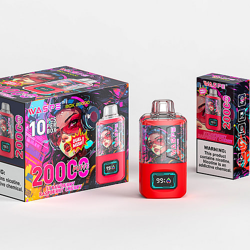 Un dispositivo per svapare e la sua confezione raffigurante un vivace volto di donna con le cuffie, con l'etichetta "WASPE BOX 20000" al gusto di fragola, lampone e ciliegia e avvertenze sulla nicotina.