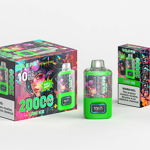 Una scatola dai colori vivaci e un dispositivo per svapare con marchio "Wasp", con accenti verde neon, capacità di 2000 puff e aroma "Lush Ice". La confezione include un avviso ben visibile sulla nicotina.