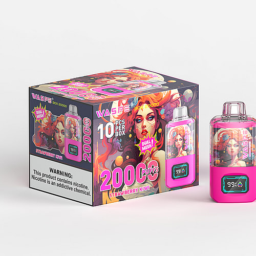 Confezione colorata e dispositivo per svapare con vivace illustrazione di una donna con fluenti capelli rossi, etichettata "WASPE BOX 20000" e "2000 puffs" in testo rosa con aroma di fragola e kiwi. L'etichetta di avvertenza sul lato indica la presenza di nicotina.