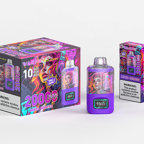 Confezione e dispositivo per svapare viola etichettato "WASPE Box 20000" con doppie bobine a maglie, aroma di frutti di bosco misti e 20000 tiri. La scatola include un avviso sulla nicotina.