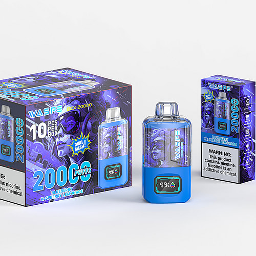 Confezione ed esposizione del prodotto del dispositivo per svapo monouso Wasp, al gusto di limonata al mirtillo, lampone e 20.000 boccate e tecnologia Dual Mesh.