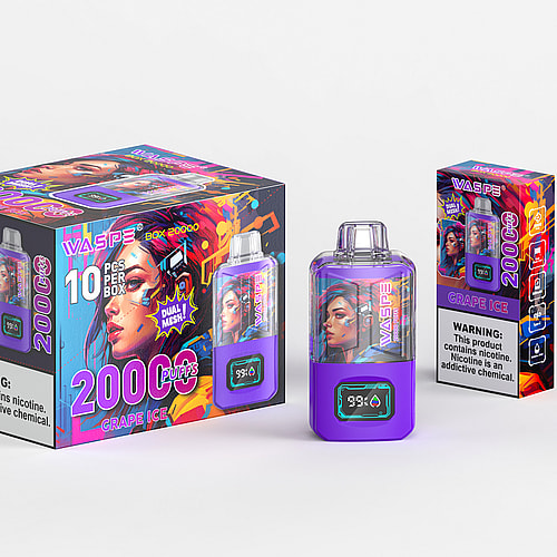 Un dispositivo per svapare viola con la scritta "2000 puff" sulla scatola, raffigurante il volto di una donna in uno stile colorato, simile a un graffiti. La scatola include anche avvertenze sulla nicotina e dettagli del prodotto come il sapore "Grape Ice" e "dual mesh".
