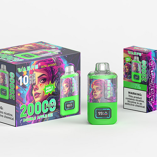 Una scatola e due confezioni di sigarette elettroniche usa e getta WASP 20000 al gusto "Double Apple Ice", caratterizzate da un dispositivo di svapo verde neon con display digitale e un'illustrazione stilizzata di una donna con i capelli rosa.