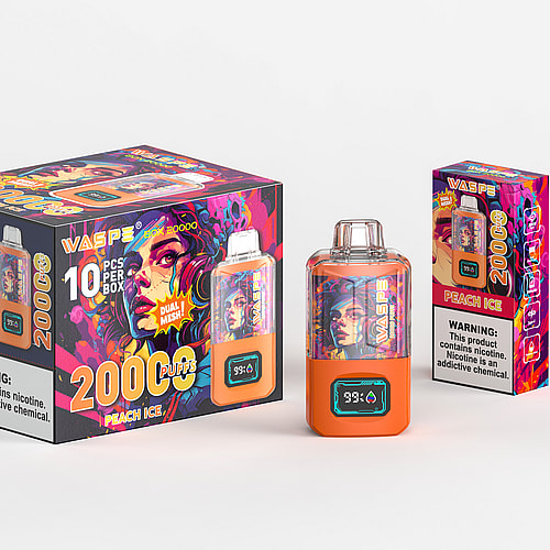 Una confezione per svapo dai colori vivaci con display digitale, etichettata "WASP" e "Peach Ice", con un avviso sulla dipendenza da nicotina. La scatola evidenzia "2000 puff", "10 pezzi per scatola" e la tecnologia "Dual I Mesh".