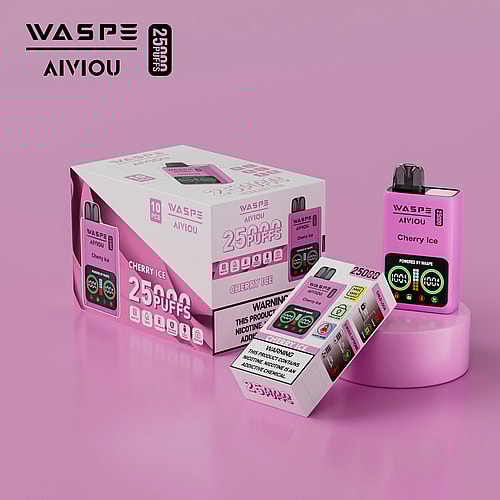 Un dispositivo per svapare rosa con l'etichetta "WASPE AIVIOU Cherry Ice 2500 Puffs" accanto alla confezione che riporta avvertenze e dettagli del prodotto.