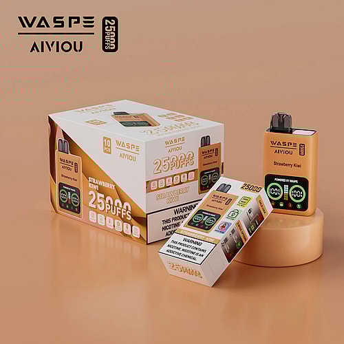 Una scatola e una confezione singola del dispositivo per svapo monouso WASPE AIVIOU da 25.000 tiri alla fragola e kiwi, esposti su uno sfondo beige.