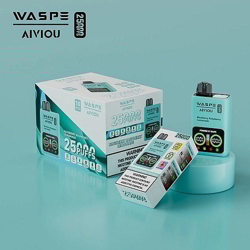 Una scatola blu e un dispositivo per svapare usa e getta con l'etichetta "WASPE AIVIOU" con 25.000 boccate, aroma di limonata al mirtillo e lampone e un'avvertenza sulla nicotina sulla confezione.