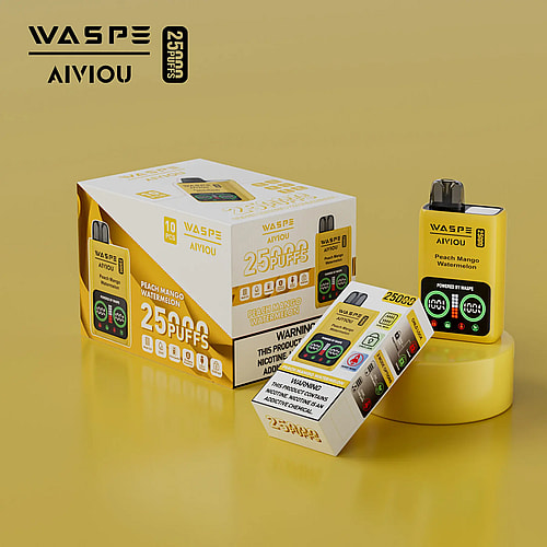 Un dispositivo per svapare giallo con l'etichetta "WASPE AIVIOU Peach Mango Watermelon" con 25.000 tiri, mostrato con la sua confezione che include una scatola da 10 e una scatola più piccola.