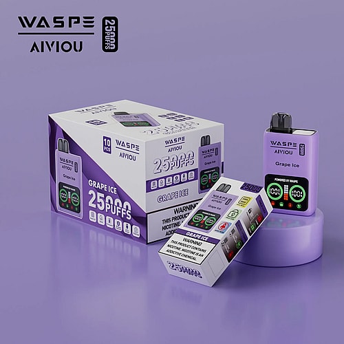 Una scatola viola monouso per svapare con il marchio "WASPE AIVIOU" e aroma "Grape Ice", etichettata "25.000 tiri". Il dispositivo e la confezione presentano etichette di avvertenza sulla nicotina.
