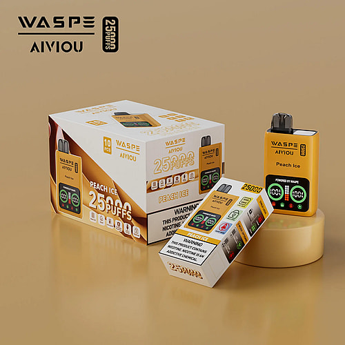 Una scatola e un dispositivo per svapare con il marchio "WASPE AIVIOU" al gusto "Peach Ice", che offre 25.000 boccate, esposti su uno sfondo beige.